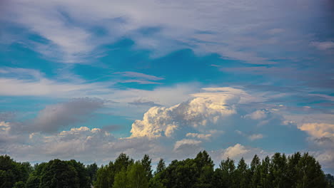 time lapse of thick fluffy clouds growing and swirling in sky above forest