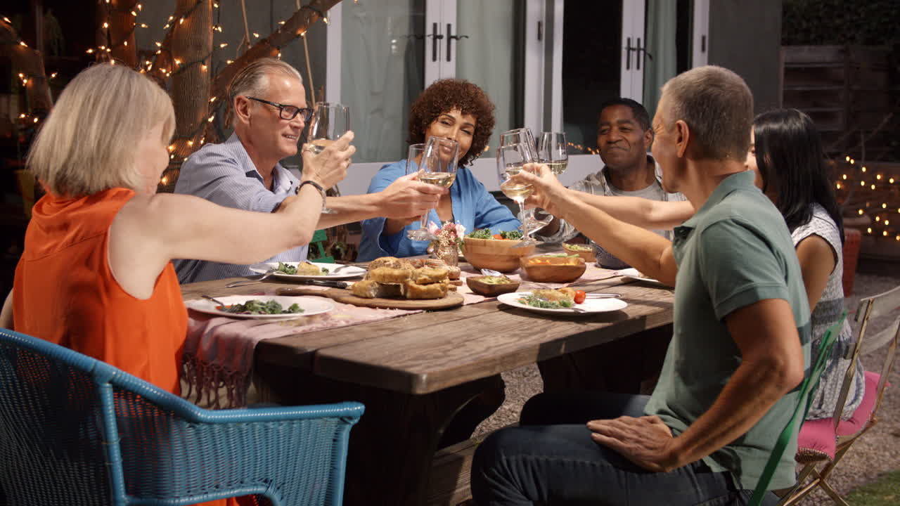 grupo de amigos maduros disfrutando de una comida al aire libre en el patio trasero