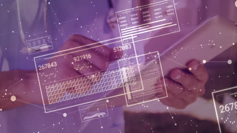 Digital data and coding animation over person using tablet with stylus