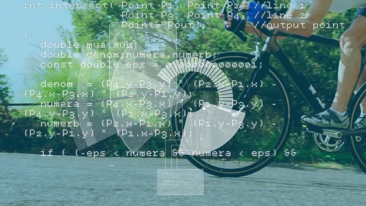 Animation of data processing over caucasian woman riding bike