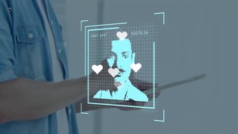 animación de fotos de usuario sobre las manos de un hombre caucásico usando una tableta