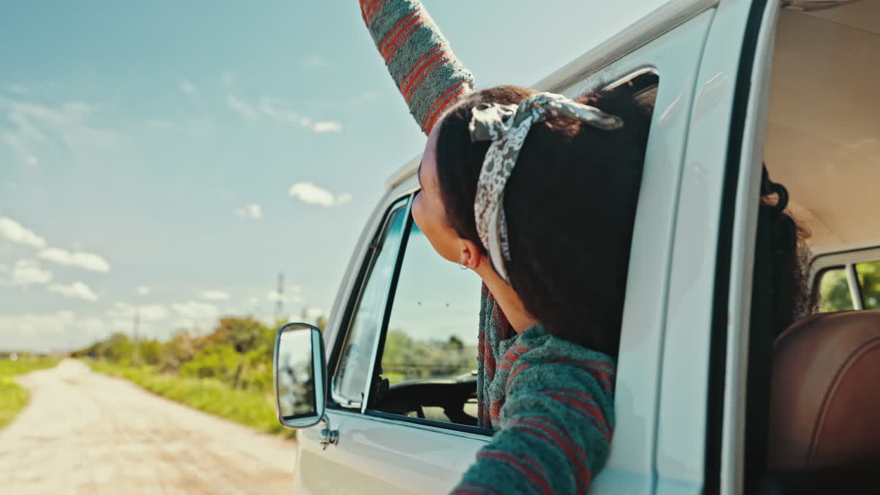 Happy woman, freedom and van road trip