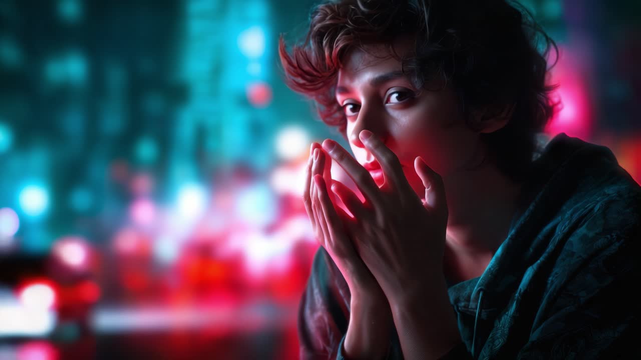 Uma pessoa jovem em angústia e reflexão: Uma jornada emocional da desesperança à intriga em meio a um fundo urbano colorido.