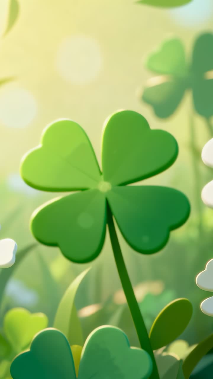 Vertical video: Swaying four-leaf clover shifting by light breeze in meadow, heart leaves glowing