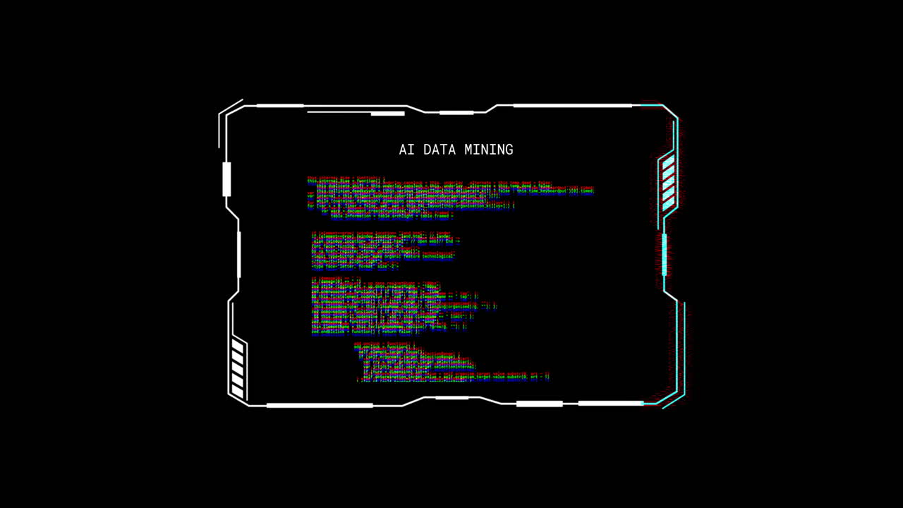 검은색 배경에서 처리되는 ai 데이터 마이닝 텍스트와 함께 고장난 인터페이스의 애니메이션