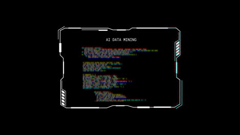 animation of glitching interface with ai data mining text, processing on black background