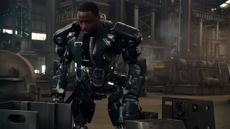 man in robotic armor in a factory