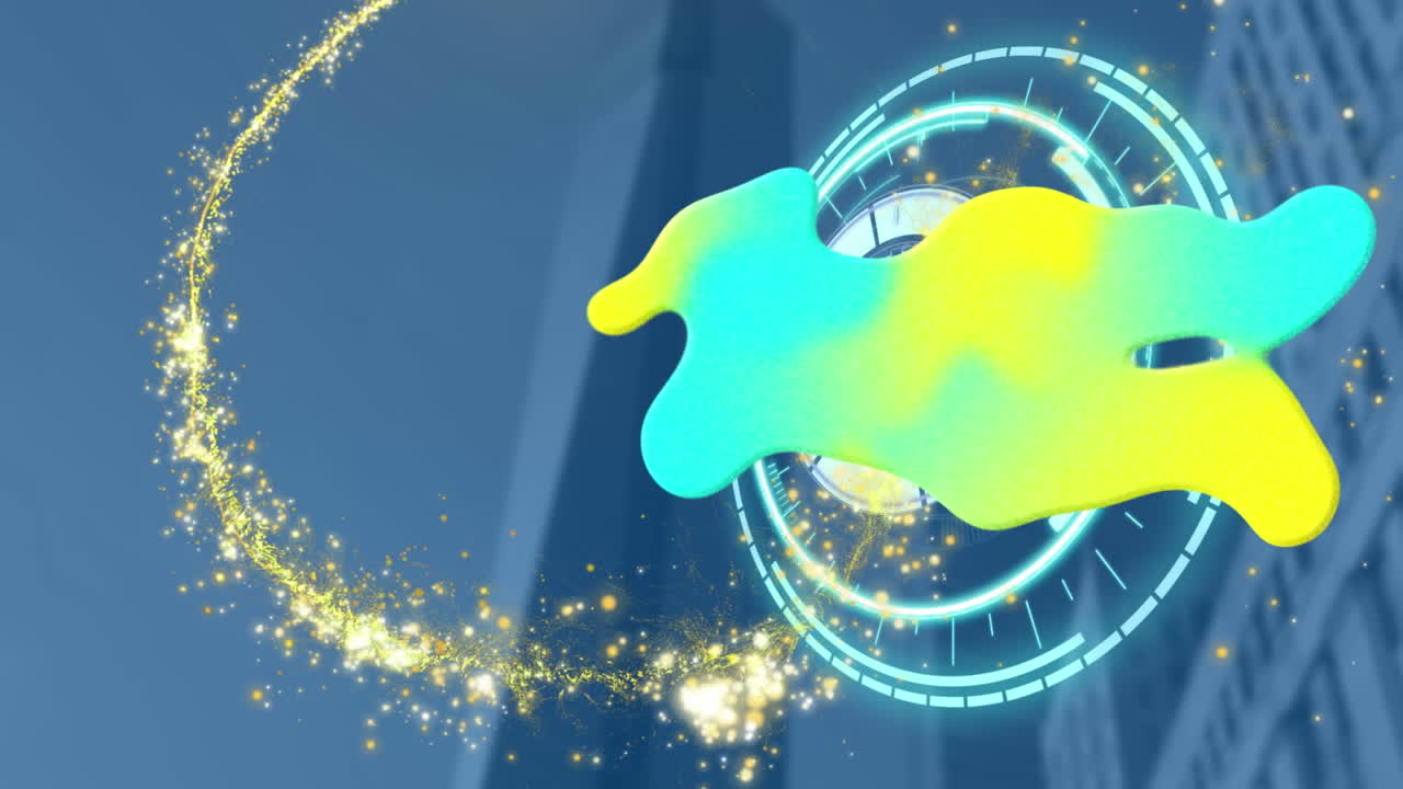 파란색 배경에 빛나는  ⁇ 어리, 사무실 건물, 떨어지는 별 및 스 ⁇  스캔의 애니메이션