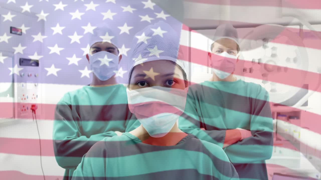 Camera pulling back revealing OR team with crossed arms overlaid with flag showing health unity