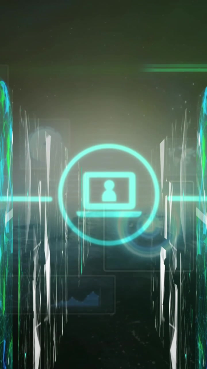 Animazione di molteplici icone digitali su schermi di una rete di connessioni su sfondo verde