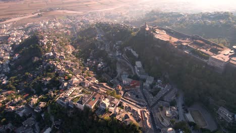 Aerial-of-stunning-castle-in-medieval-town-of-Gjirokaster-in-Albania