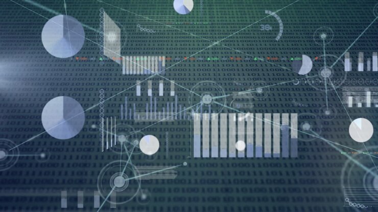 Animation of binary coding, data processing and network of connections against grey background
