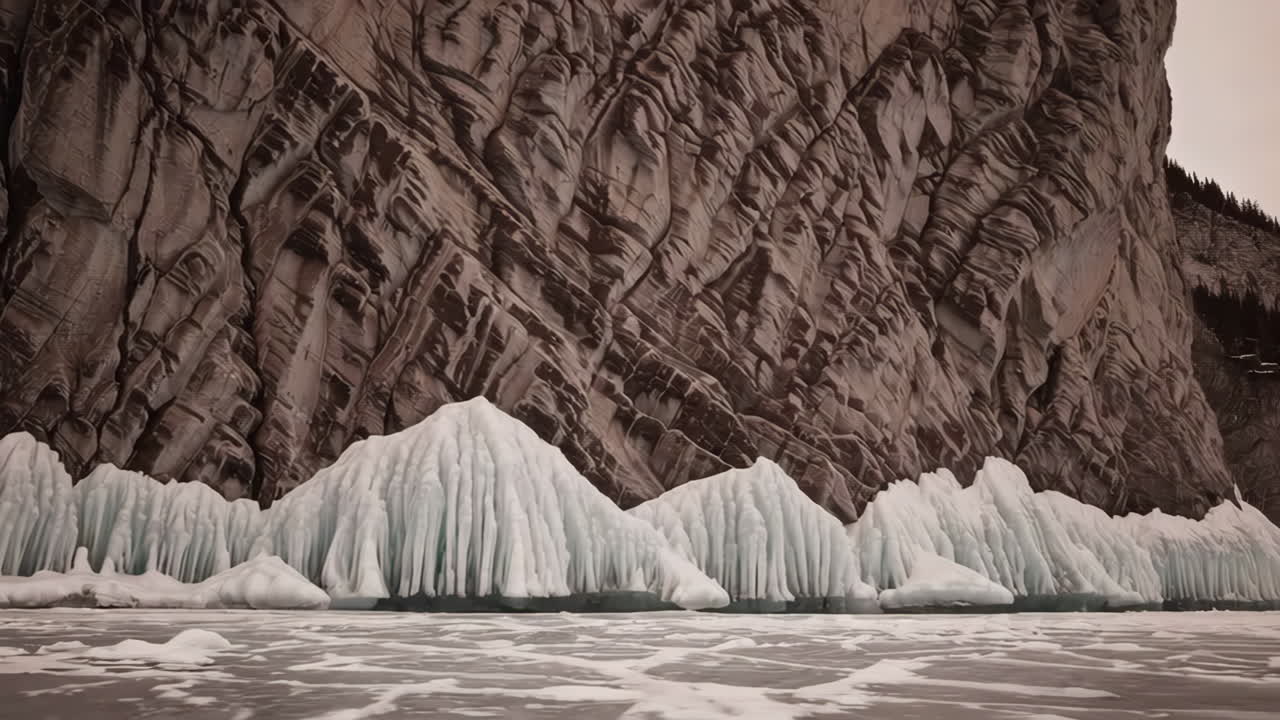 Striking Ice Formations at the Base of a Rocky Cliff