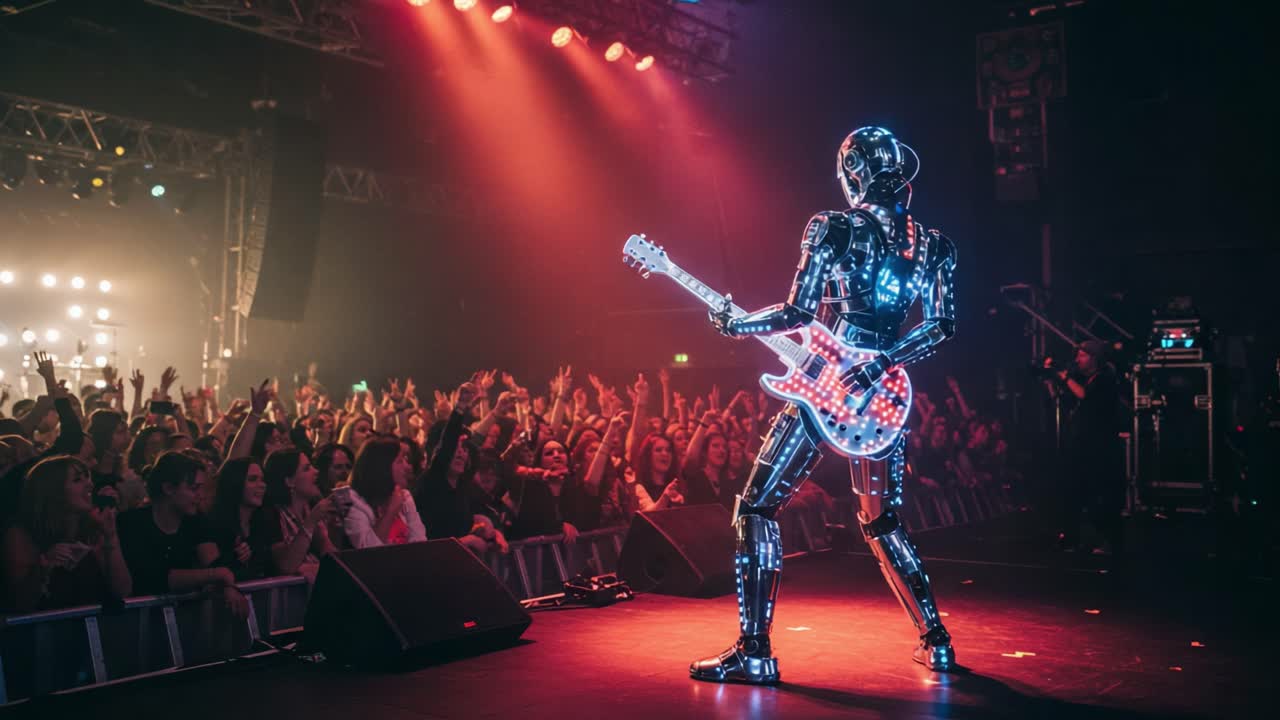 A Futuristic Robot Guitarist Captivates the Crowd with Electrifying Performance as it Rocks Out on Stage Surrounded by Spirited Fans and Dazzling Lights