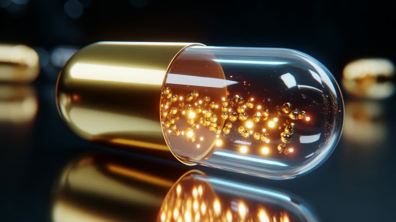 A Gleaming Capsule Containing Glimmering Particles of Light, Showcasing a Stunning Visual of Science and Technology, Perfectly Blending Modern Medicine with Futuristic Aesthetics in a Captivating Display