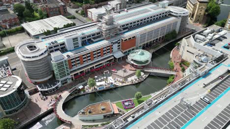 Overhead-birds-eye-drone-aerial-view-Oracle-shopping-centre-Reading-town-Berkshire