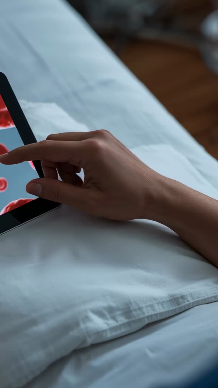 Vertical video: Hovering adult hand tapping and sliding tablet on pillow in bed, with blue sleeve