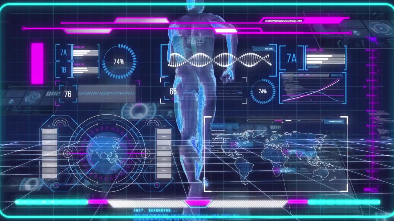 검은색 배경에 데이터 처리를 통해 dna 줄무와 디지털 인간 애니메이션