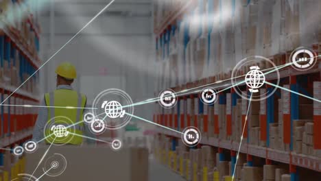 animation of network of connections with icons over man working in warehouse