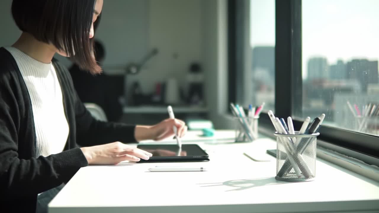 Fokuseret ung kvinde, der arbejder på en tablet ved et solbeskinnet skrivebord, omgivet af kontorartikler, hvilket viser et moderne arbejdsmiljø og en kreativ atmosfære