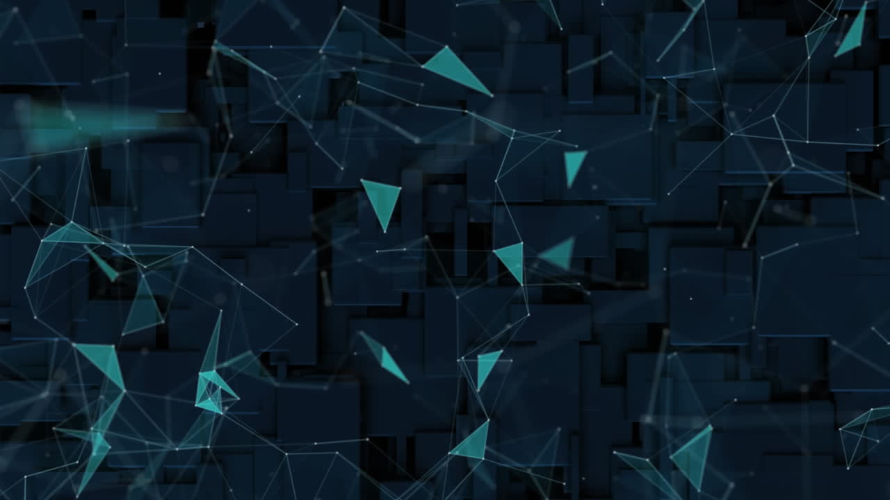 animación de bloques 3d azules y redes de conexiones con triángulos verdes