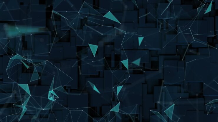 Animation af blå 3D-blokke og netværk af forbindelser med grønne trekanter