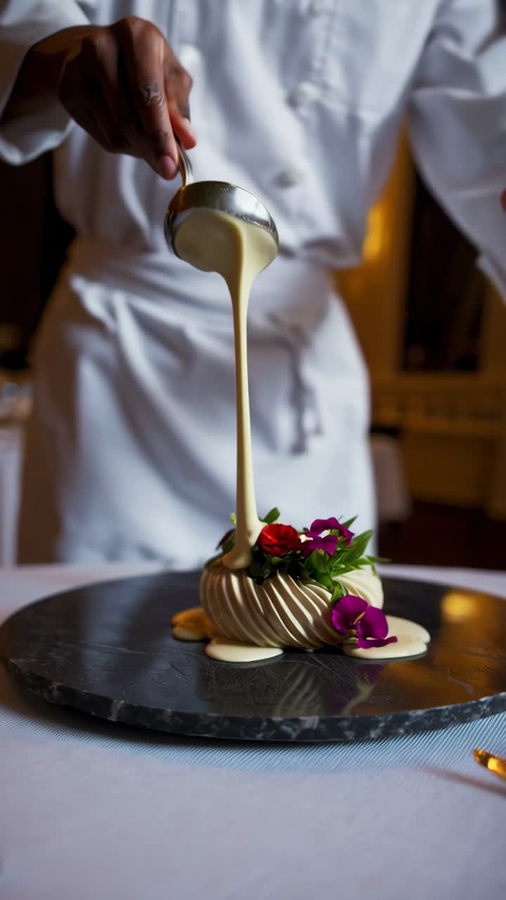 Chef Pouring Sauce Over an Artistically Plated Dessert in a Fine Dining Setting