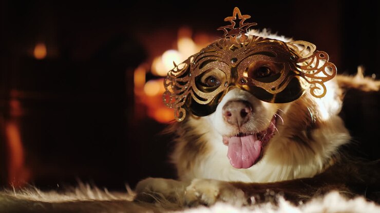 Un cane con una maschera di carnevale giace accanto al camino