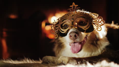 a dog in a carnival mask lies by the fireplace