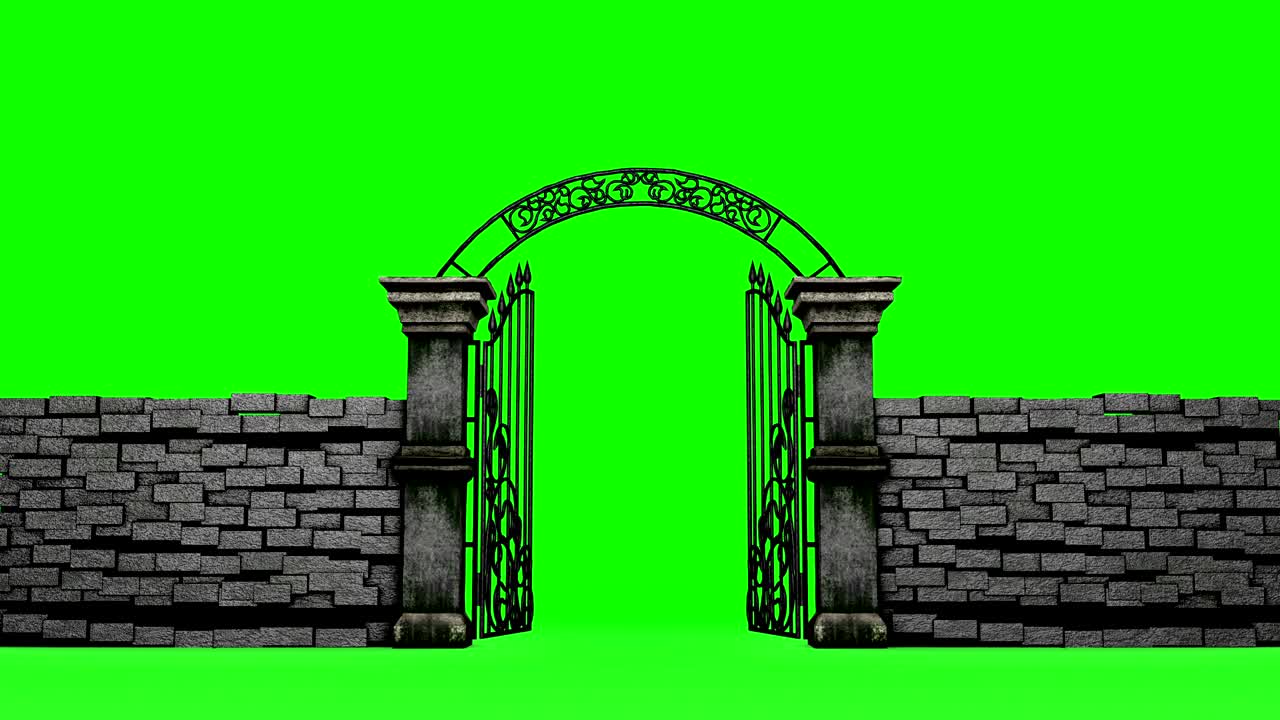 초록색 배경에 개방된 고 문, 3d 애니메이션