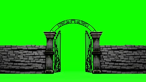 gothic gates open on green background, 3d animation