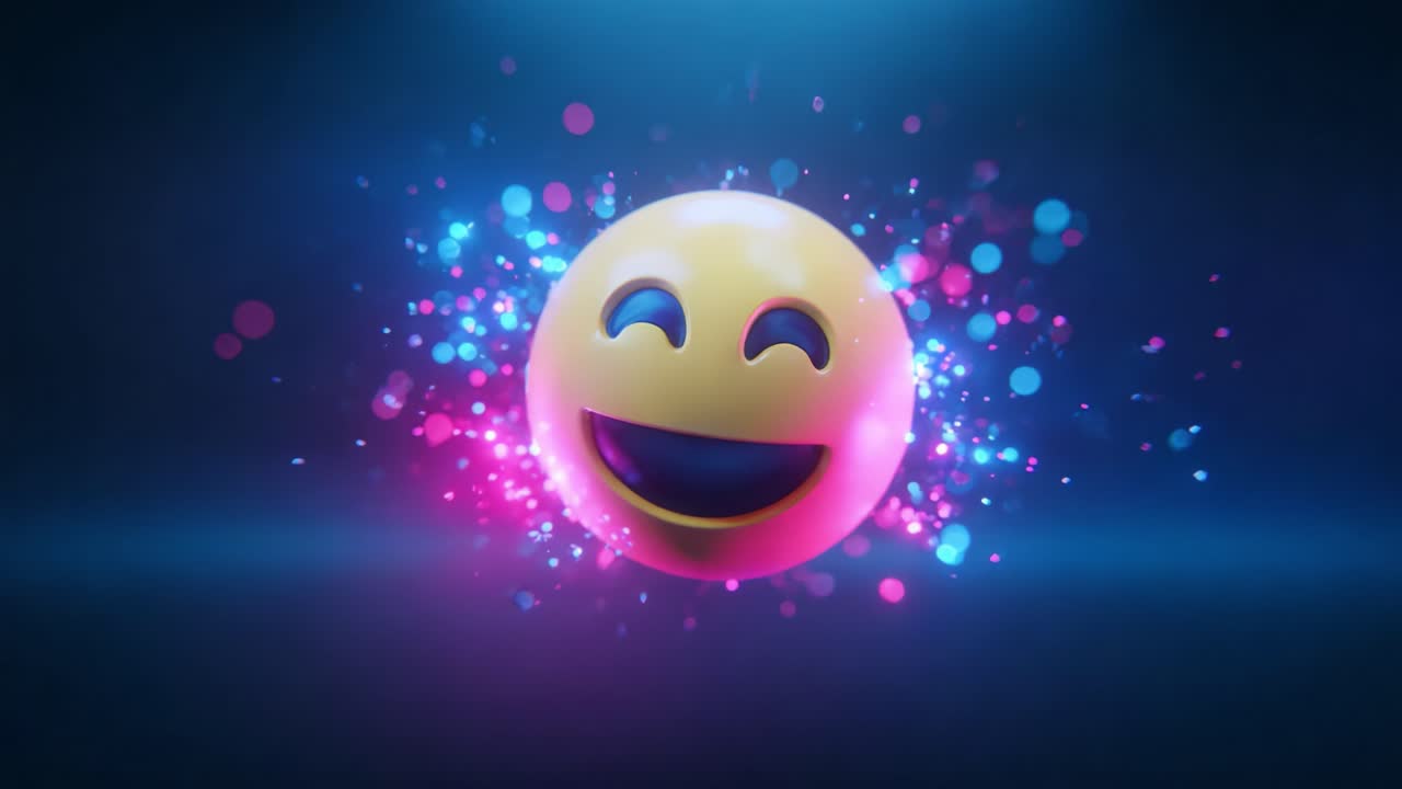 Un'icona emoji vivace e gioiosa circondata da particelle colorate, che emana felicità e positività in uno sfondo luminoso ed energico creando un'atmosfera stravagante
