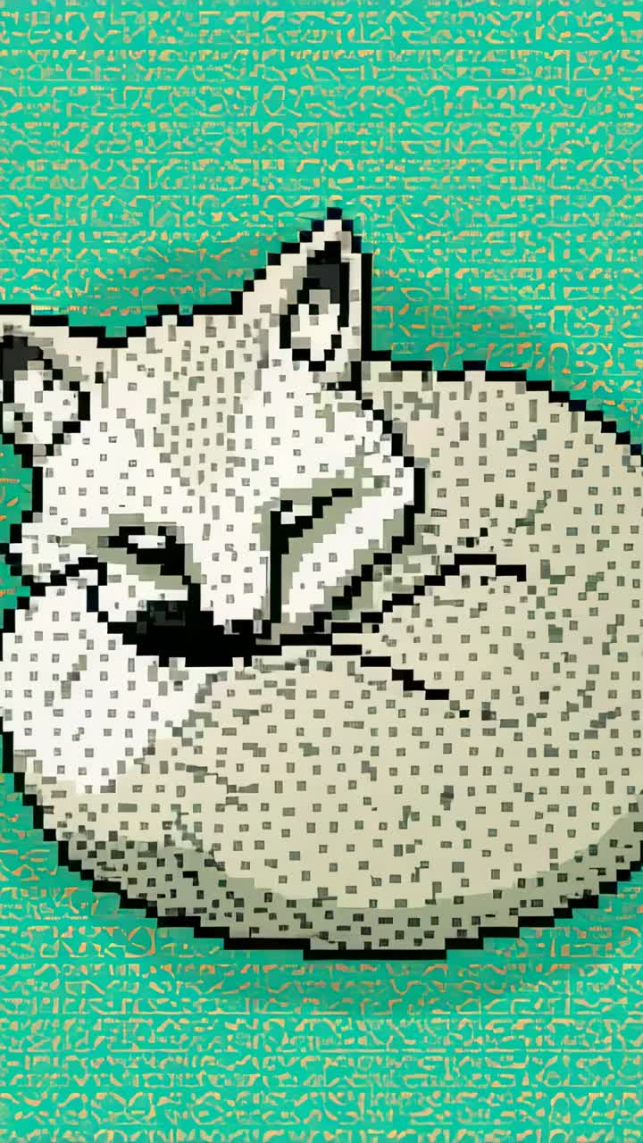 Vertical video: Framing sequence driving camera closer on teal panel, revealing curled pixel fox