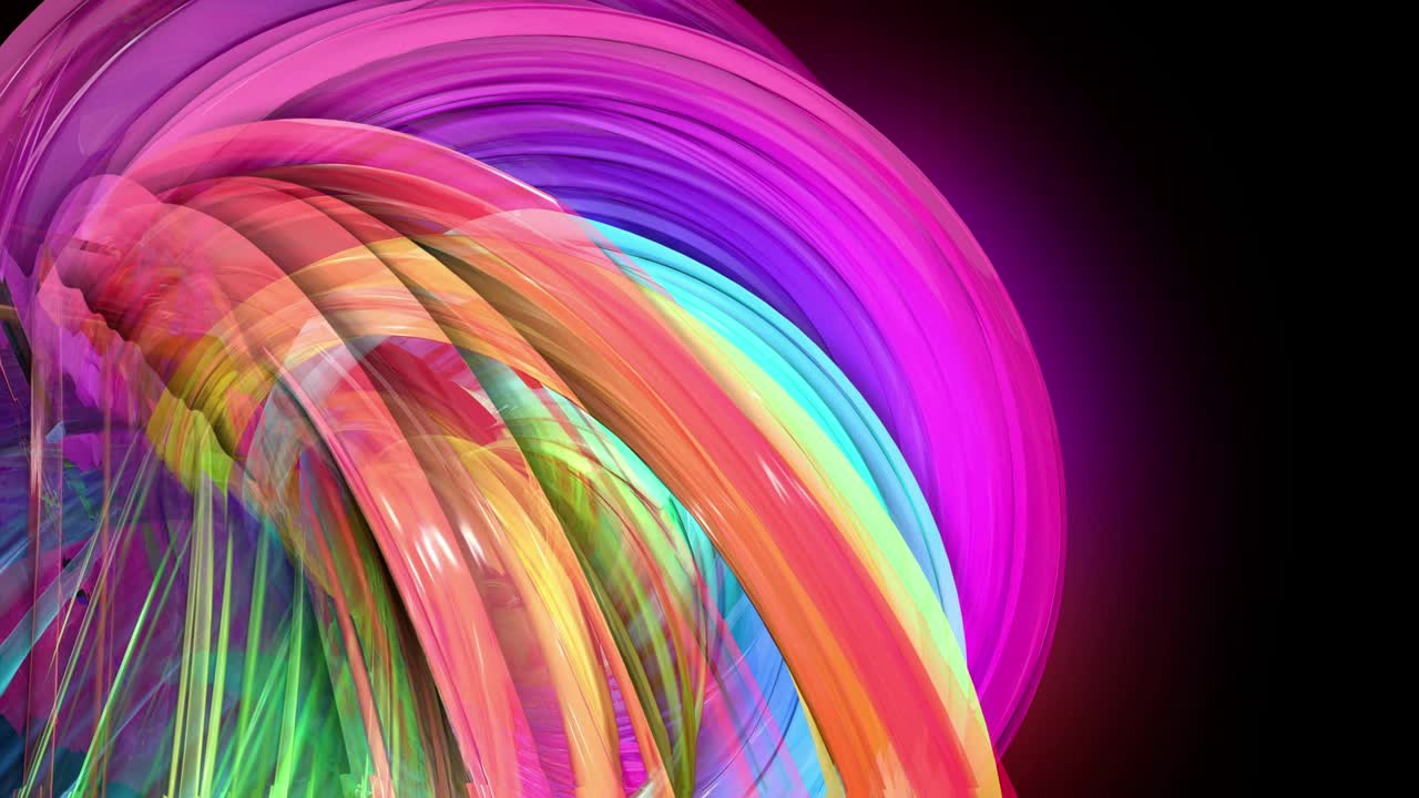 라인과 리본으로 추상적인 배경으로 원으로 움직이는 네온 빛을 가진 무지개 색의 테이프의 4k 다채로운 루프 애니메이션.