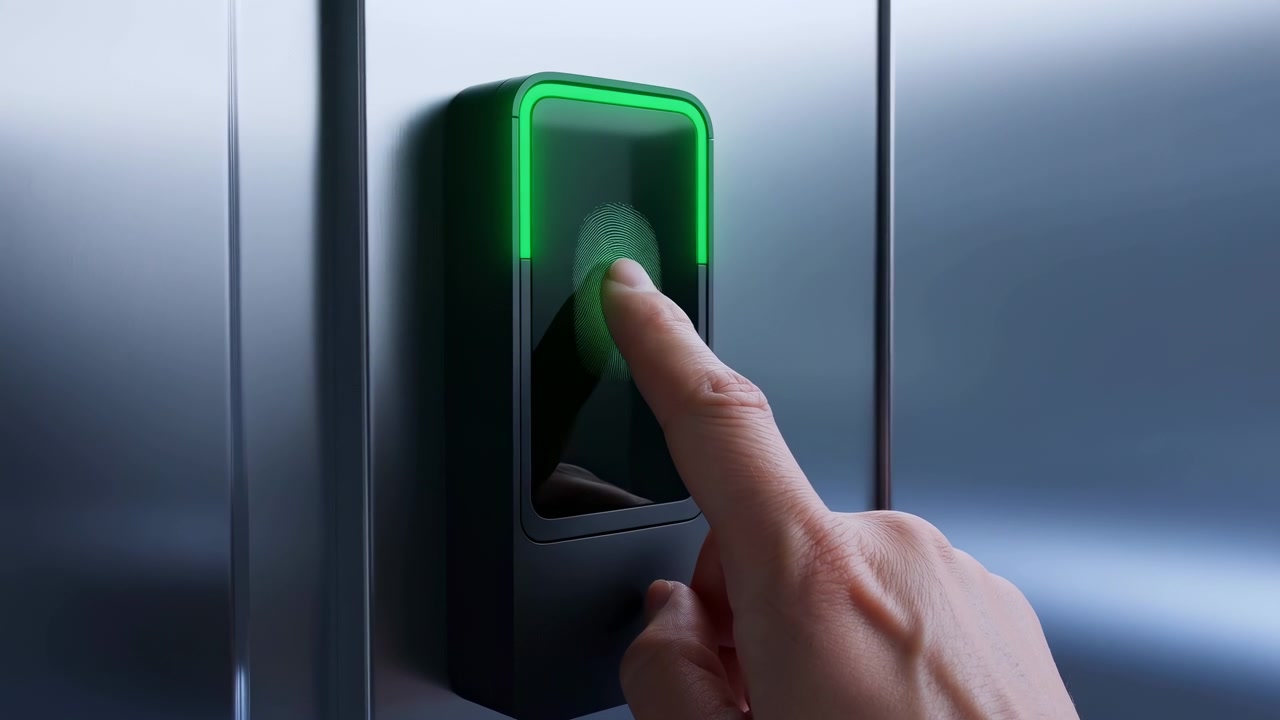Un primer plano muestra un dedo colocado sobre un sensor táctil brillante mientras aparece una iluminación verde alrededor del lector rectangular, con paneles de acero inoxidable reflectantes que forman un fondo de tonos fríos