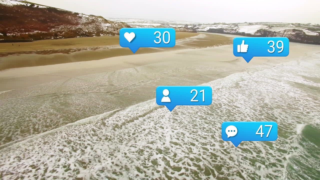 Animation of social media notifications overlaying serene beach with ocean waves