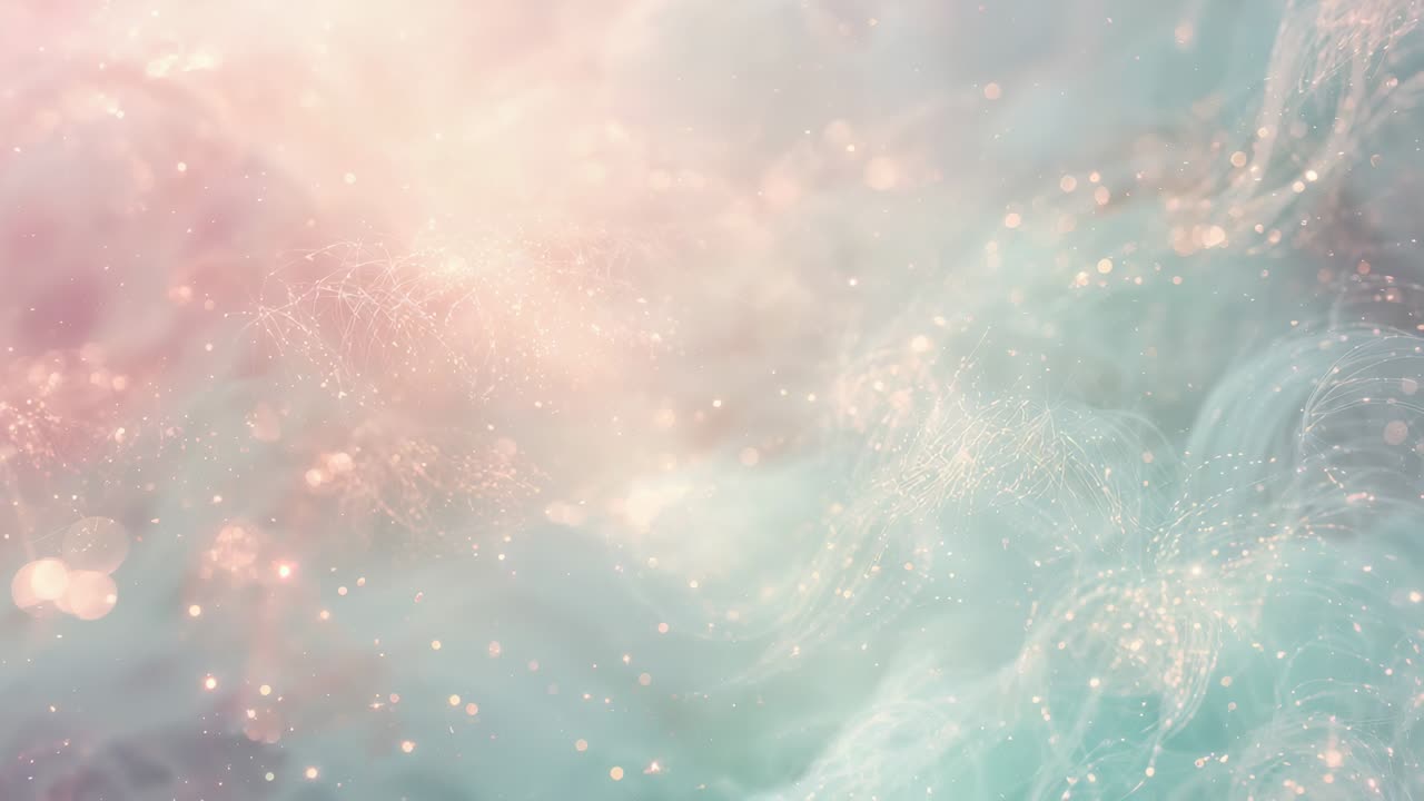 재생을 시작합니다. 파스텔 그라데이션 위에 미세한 입자들이 떠다니고 분위기를 위한 보케와 얇은 연기가 드리워져요.