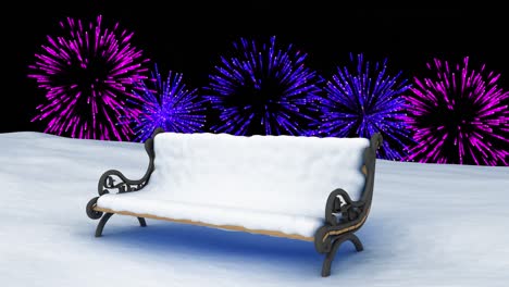 animation of purple and pink christmas and new year fireworks in night sky over snow covered bench