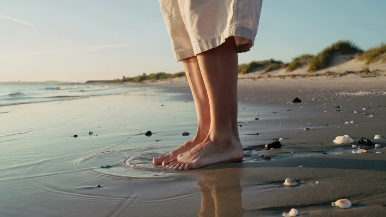 Donna a piedi nudi in pantaloni corti che si avvicina alla riva, immergendo le dita dei piedi in un'onda con conchiglie, testando l'acqua.