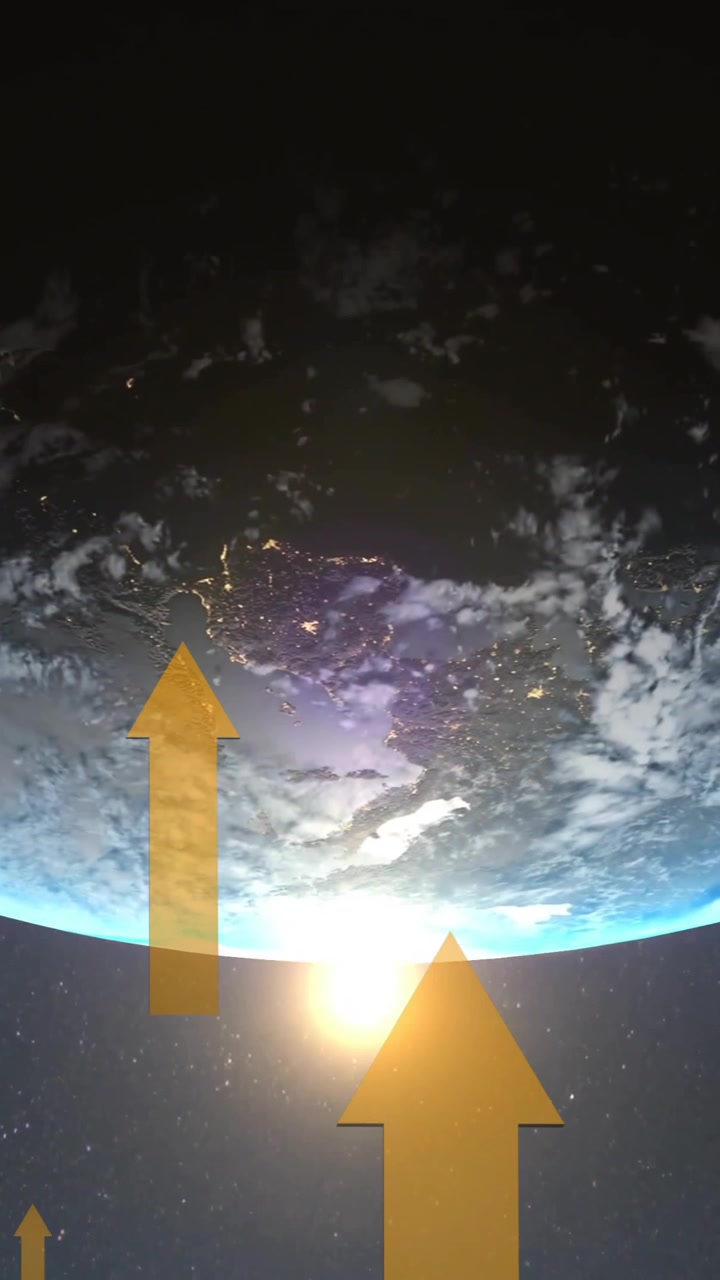 Animação de setas laranja ascendentes sobre o sol e o globo no espaço.