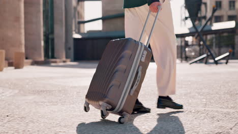 city, suitcase and business man legs for travel