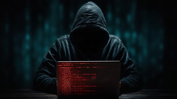 Figura misteriosa con felpa con cappuccio che lavora su un laptop circondata da un ambiente digitale oscuro, codice illuminante con testo rosso brillante, che incarna temi di sicurezza informatica