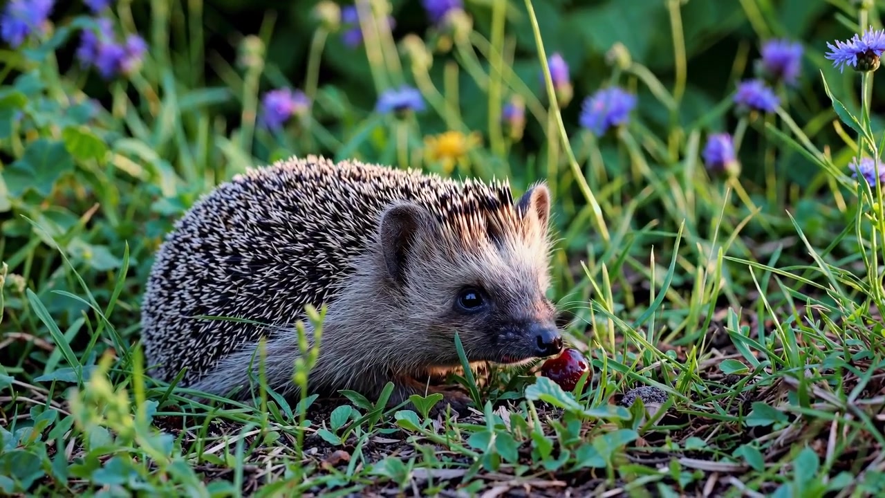 Kleiner Igel isst eine Beere auf einer grasbewachsenen Wiese