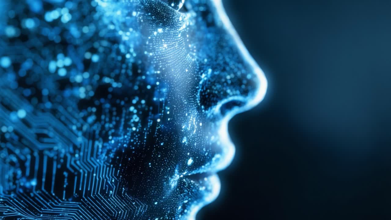 Exploring the Intersection of Technology and Humanity: A Glimpse into a Futuristic Digital Face Featuring Dynamic Patterns and Illuminated Elements