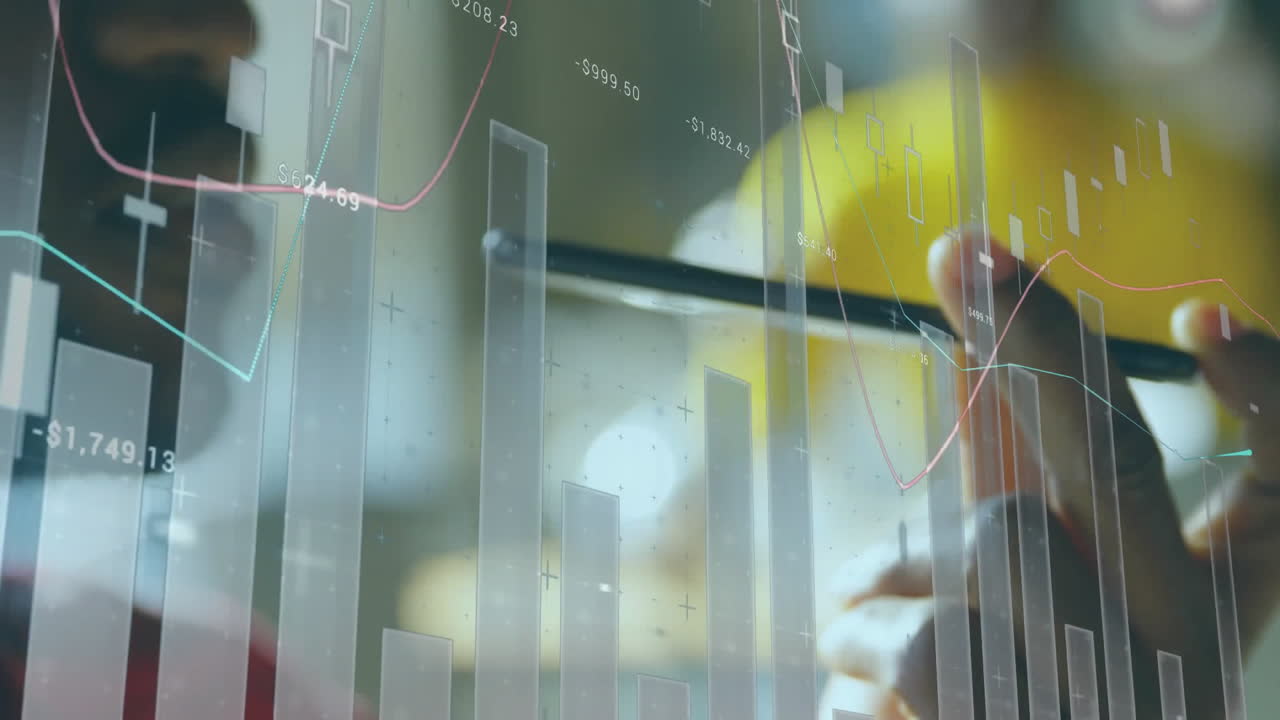 Animation of statistical data processing over close up of african american man talking on smartphone