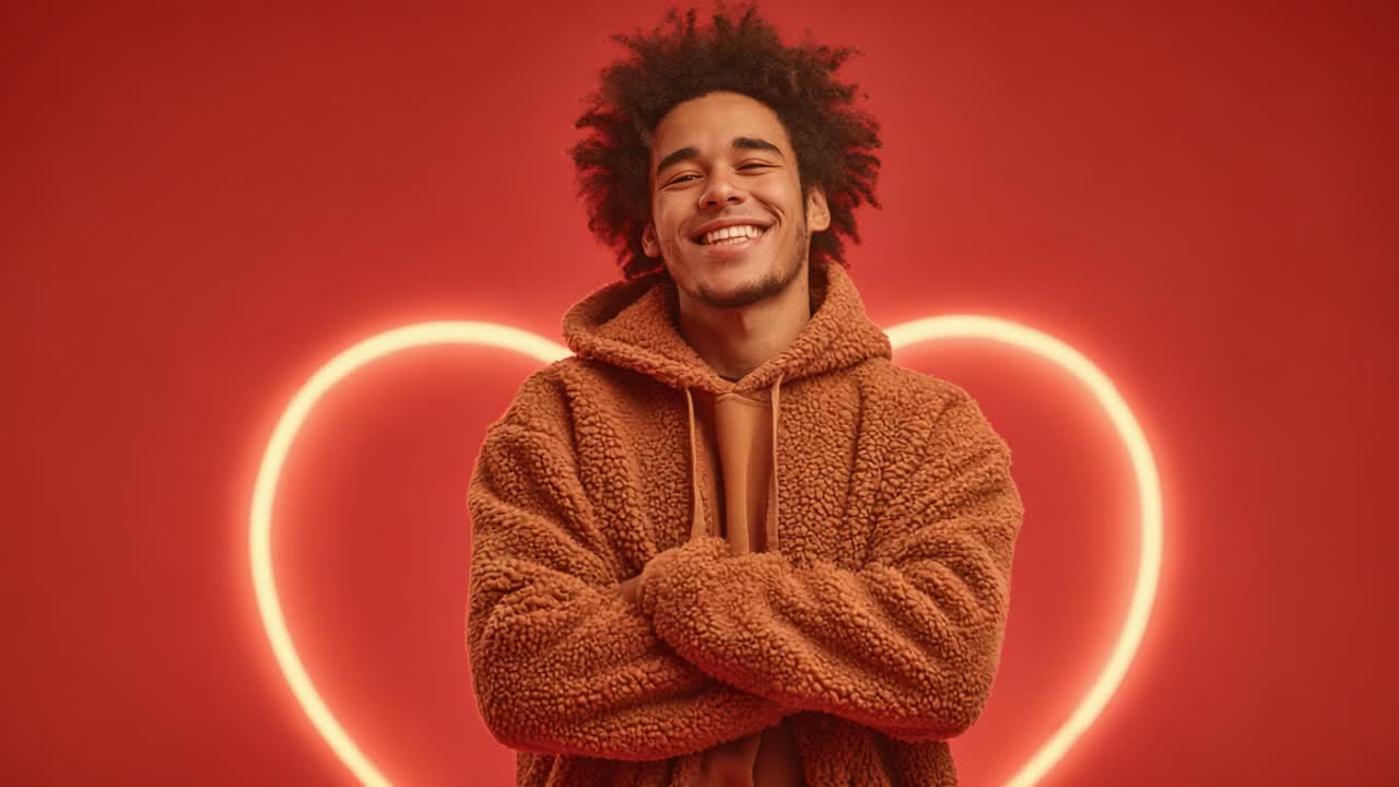 A cheerful young man with curly hair smiles confidently in front of a glowing heart-shaped light installation, showcasing a joyful and warm atmosphere