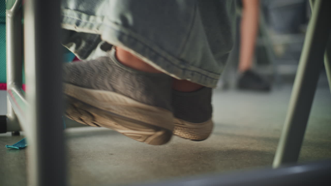 Close Up Shot of Young Pupil in Sneakers and Jeans Sitting at the Desk Moving Her Legs