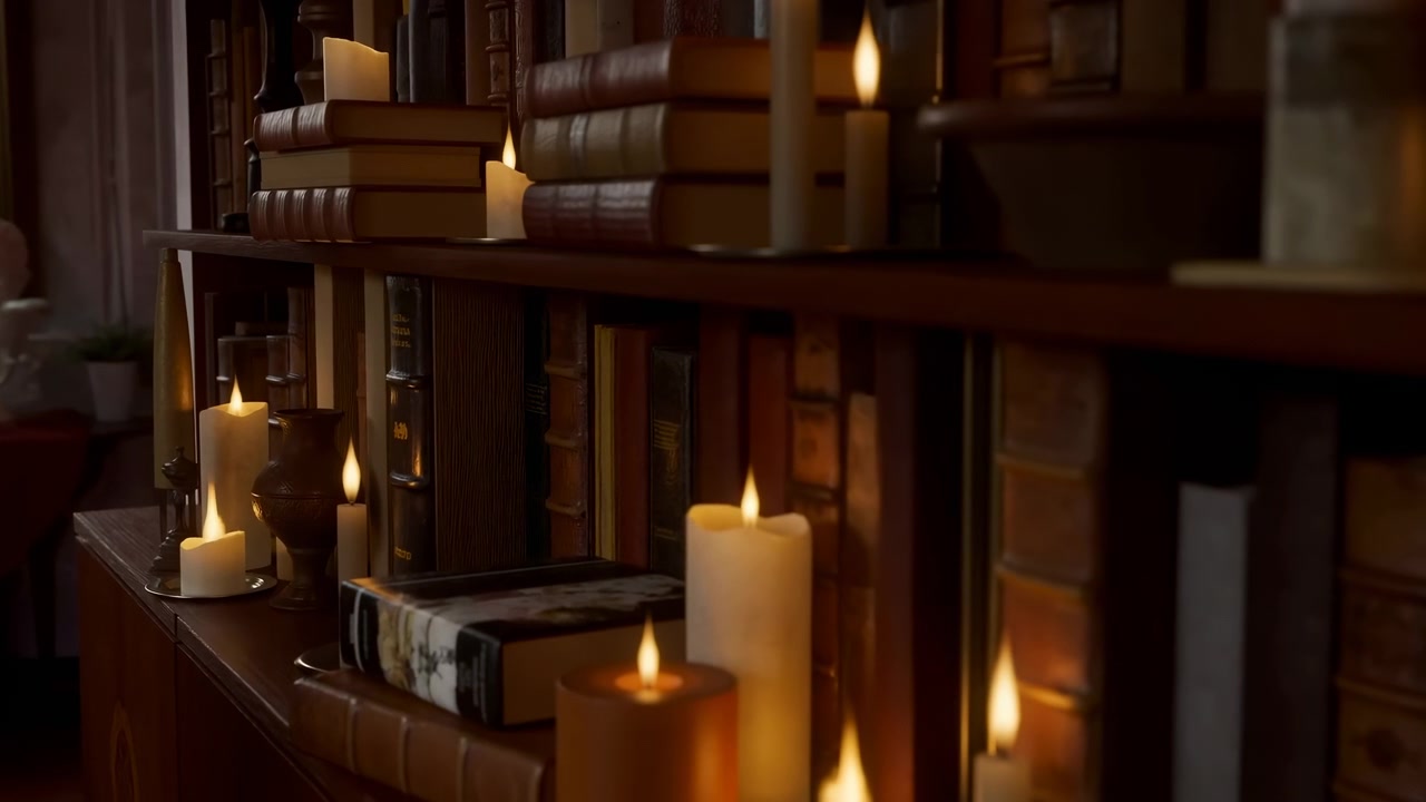Fiamme calde brillano tra libri impilati e in piedi mentre la composizione si stringe gradualmente, avvicinando dorsi testurizzati e la luce delle candele contro scaffali marrone scuro e ombre morbide.