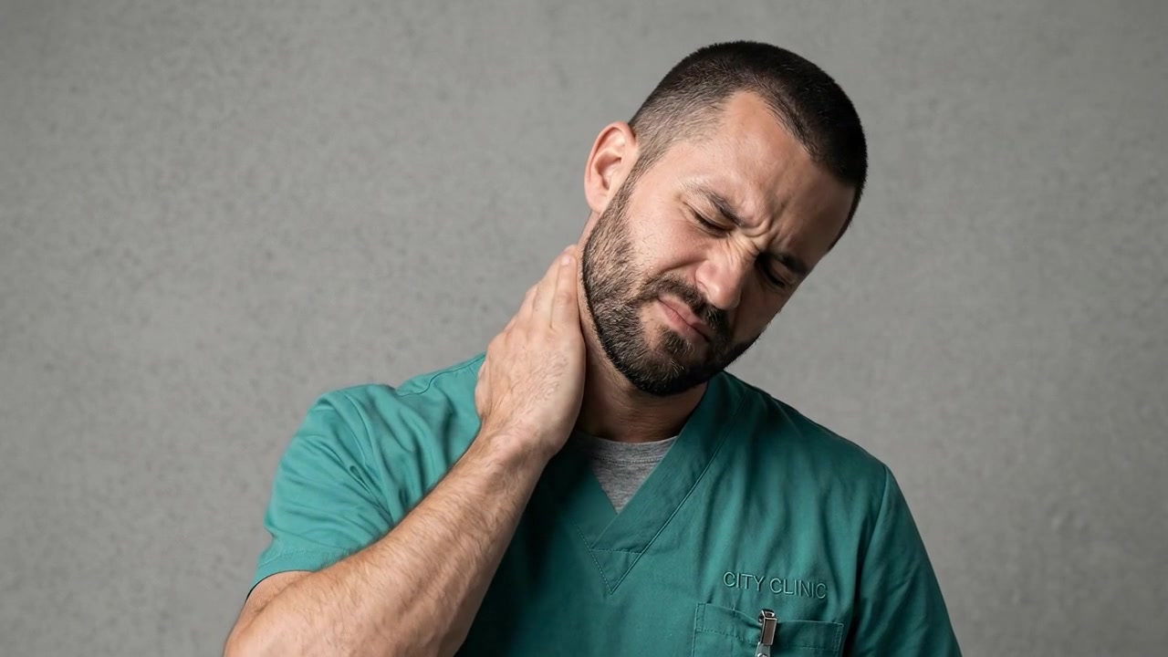 Medico che prova dolore al collo e alla spalla