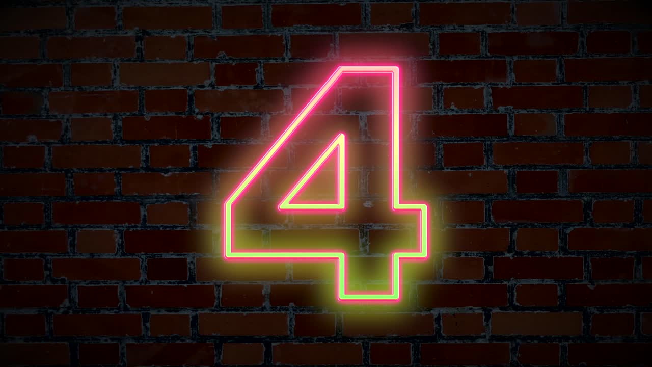 Illuminated neon numbers countdown,counting back from ten zero,with brick wall in background